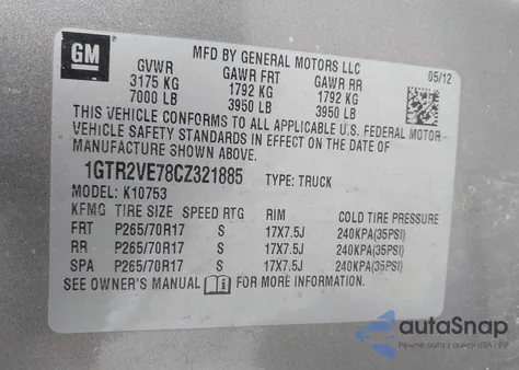 2012 GMC Sierra 1500 Sle из США, поврежденный, VIN 1GTR2VE78CZ321885